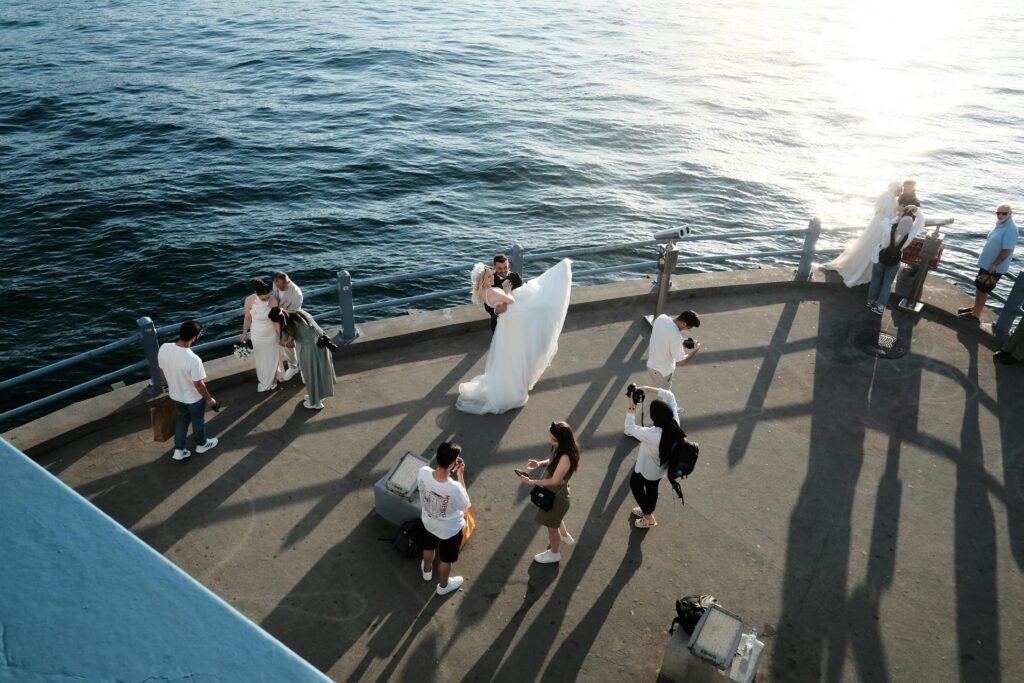 Bride and groom post in Tampa, Florida for their waterfront wedding photos